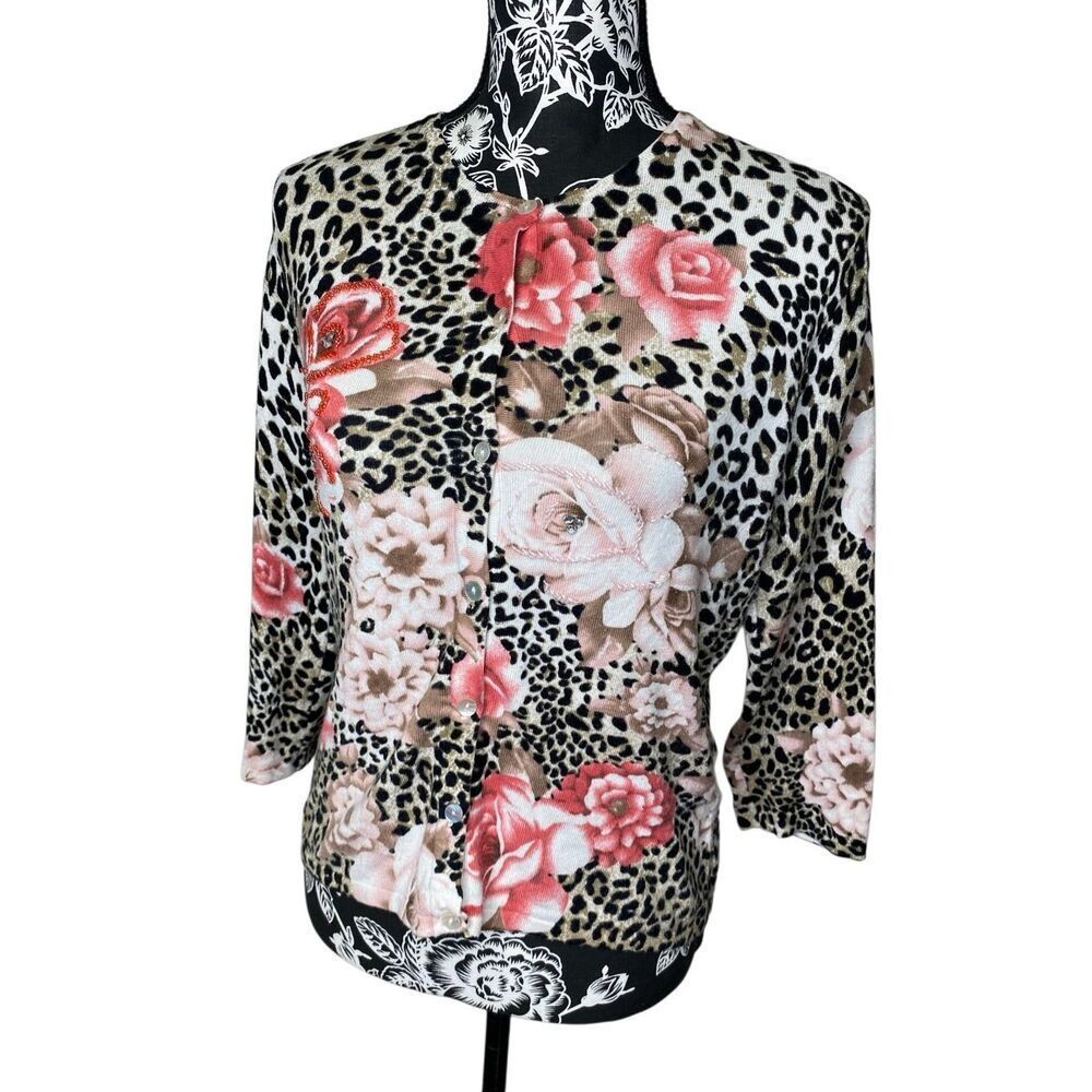 Pierri New York Leopard Floral Beaded Rhinestone Cardigan Boutique Sweater
